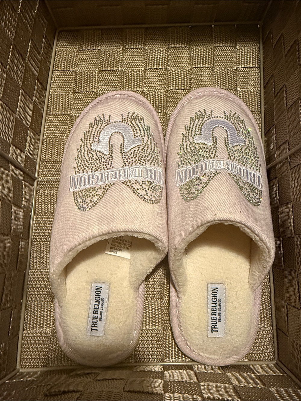 True Religion Pale Pink Embellished Logo Slip-Ons size L (8-9)